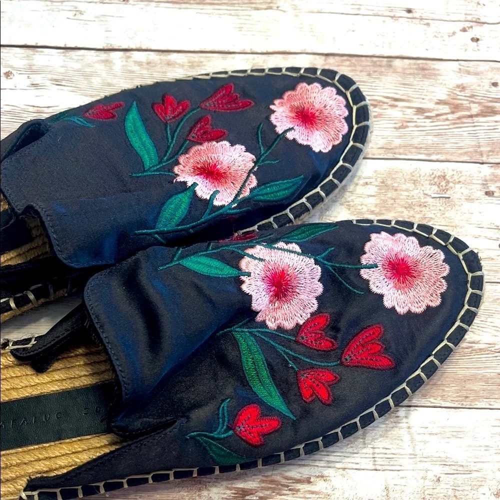 Zara Black Satin Floral Embroidered Espadrilles Size 38